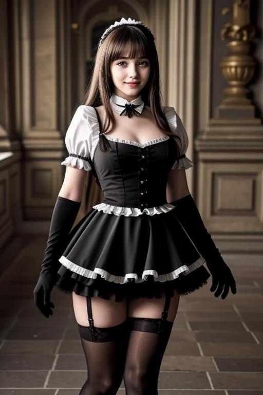 ((1 girl, 22 y.o, Masterpiece, best quality, cinematic lighting, 8k, full body shot, long hair, hourglass body)), (smile:0.85), (realistic background:1.2)
<lora:Maid_X23_By_Stable_yogi:0.8> maid headdress, maid outfit, black gloves, black thighhighs, high heels