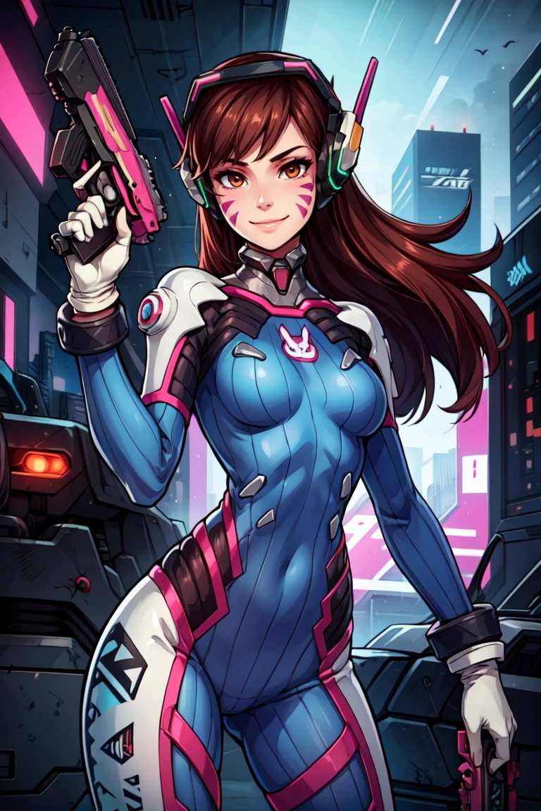 0((masterpiece,best quality)), aahana, long hair, brown hair, headphones, whisker markings, shoulder pads, blue bodysuit, ribbed bodysuit, animal print, clothes writing, long sleeves, white gloves, <lora:d.va_v1:0.8>, cowboy shot, standing, holding weapon, handgun, smile, cyberpunk,