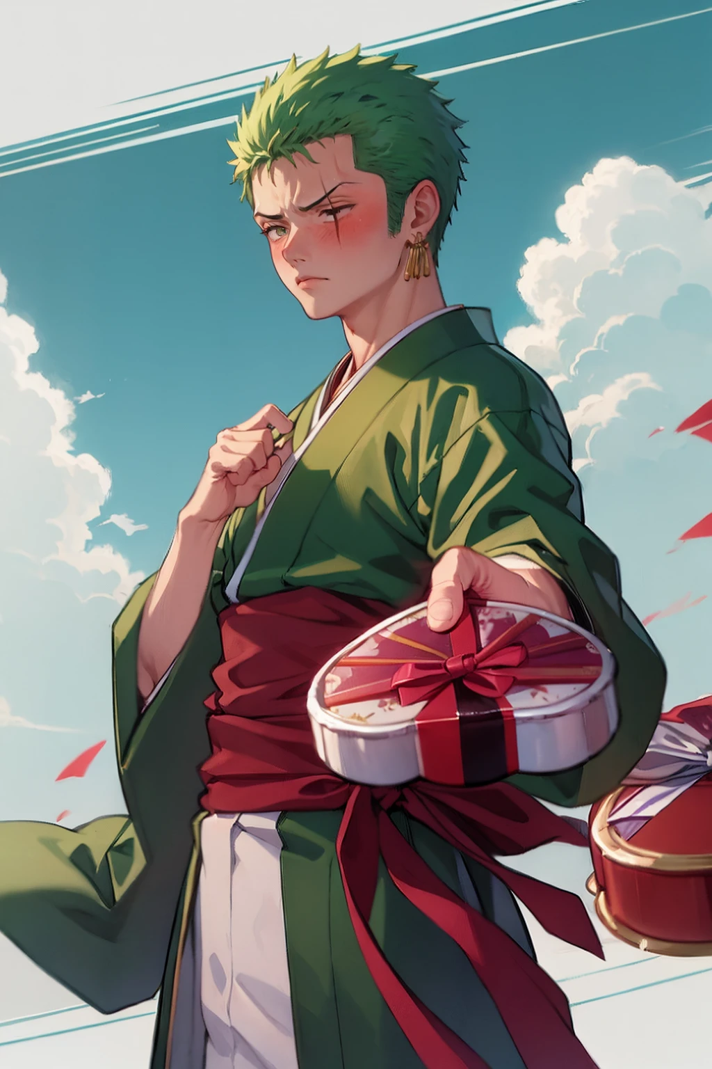 High Quality, Masterpiece, 1boy, IncrsGift, <lora:IncomingValentineGiftPOVOneHandV3:1>, incoming gift, roronoa zoro, muscular male, scar, scar across eye, japanese clothes, green kimono, green hair, <lora:Char_OnePeace_Zoro:1>, shy, blush, looking away, green eyes,