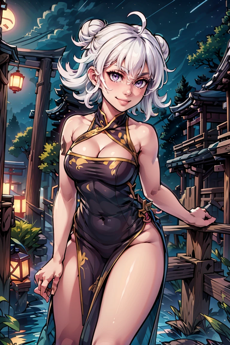 ((masterpiece,best quality)), absurdres, <lora:Lily_Everhart_v2:0.8>, Lily_Everhart, white hair, purple eyes, looking at viewer, smile,, cowboy shot, china dress, pelvic curtain, side slit, double bun, bun cover, cleavage cutout, sleeveless, print dress, covered navel, no panties, outdoors, night, torii, shrine, east asian architecture, leaning forward, hand on own thigh, from above, smile,
