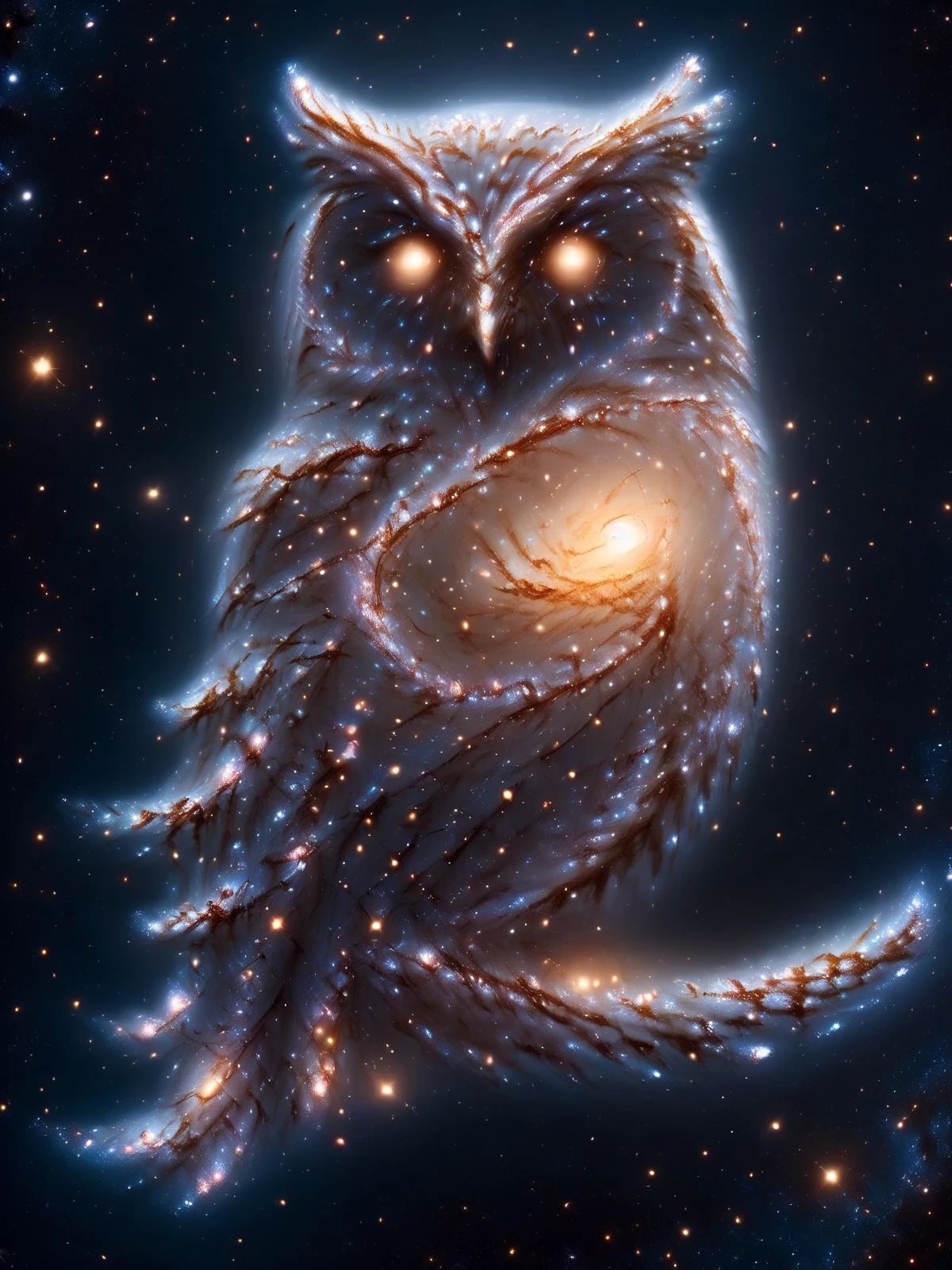 owl perched on a branch, background is a stary night with mad-spiral-galaxy in the sky <lora:Spiral_Galaxies_SDXL:1.4>, (masterpiece:1.2), best quality, (hyperdetailed, highest detailed:1.2), high resolution textures