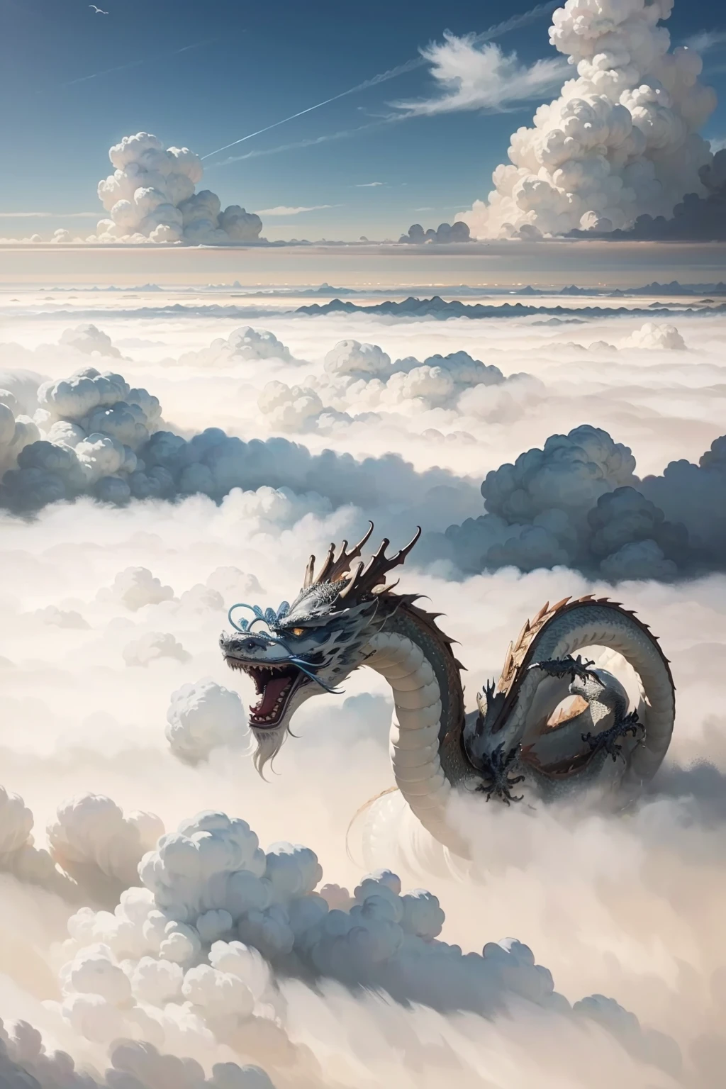 <lora:0219 loong_v1:0.8>,ruanyi0219,loong,cloudy sky,claws,eastern dragon,long tail,whiskers,chinese new year,cloud,no humans,gunzan,sky,cloud horizon,sun,outdoors,QINGLONG,SOLO,(Science fiction),((Soaring in the clouds and riding in the fog)),(((The dragon body disappears and appears in the clouds))),(full body:1.3),(ink wash painting:1.2),east asian architecture,, best quality,masterpiece,highres,official art,extremely detailed cg unity 8k wallpaper