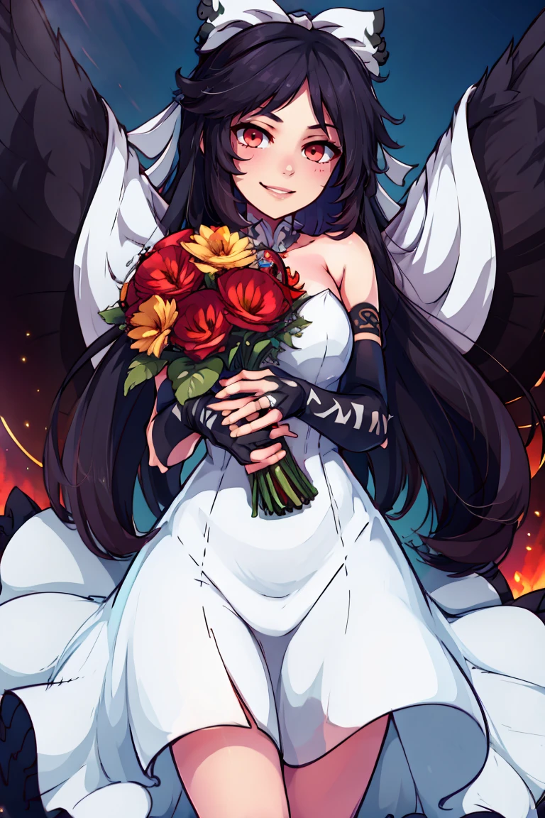 bride, wedding dress, bridal veil, strapless dress, elbow gloves, holding bouquet, ((masterpiece,best quality)), absurdres, <lora:Reiuji_Utsuho_Touhou:0.8>, Reiuji_Utsuho_Touhou, 1girl, reiuji utsuho, solo, bow, long hair, third eye, red eyes, black wings, bird wings, solo, smiling, looking at viewer, cowboy shot,
