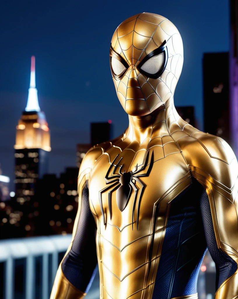 Portrait painting of Spider-Man wearing a gold metallic suit, ultra realistic, concept art, intricate details, eerie, highly detailed, photorealistic, octane render, 8k, unreal engine. art by artgerm and Jim Lee, NYC in the background, Full Body, Night time