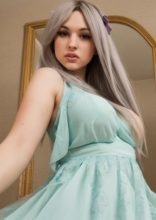 A long light blue hair,Sky blue eyes,Girl in pink and white dress,With a faint smile on his face,Place your hands elegantly in front of you,Elegant look,In the hallways of the school