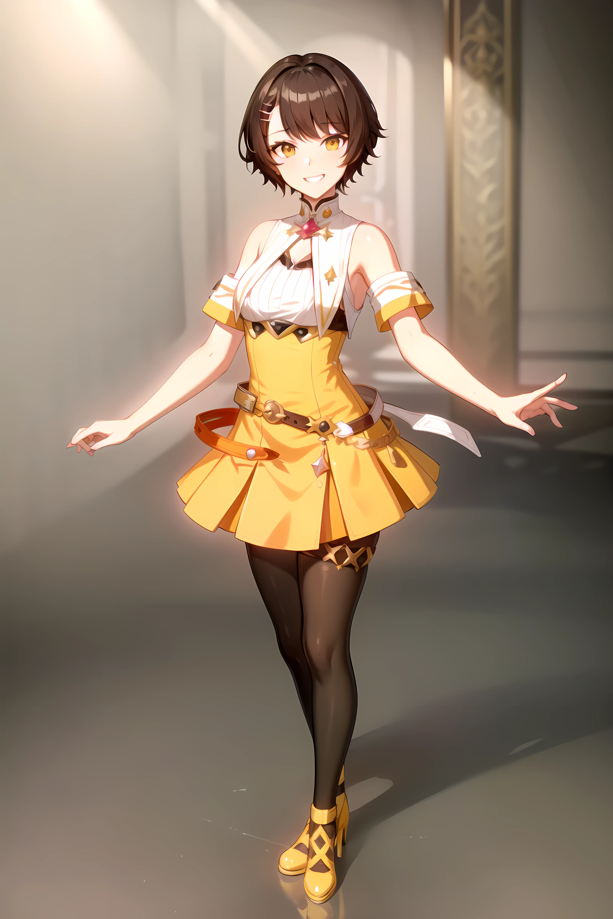 best quality, masterpiece, detailed,
<lora:TowerOfGod_Endorsi_1:0.8>, EndorsiZahard,
1girl, grin,
brown hair, yellow eyes, short hair, single horn, hairclip,
orange dress, bare shoulders, armband, black pantyhose, jewelery, white belt, yellow footwear,
standing, looking at viewer, facing viewer,
simple background