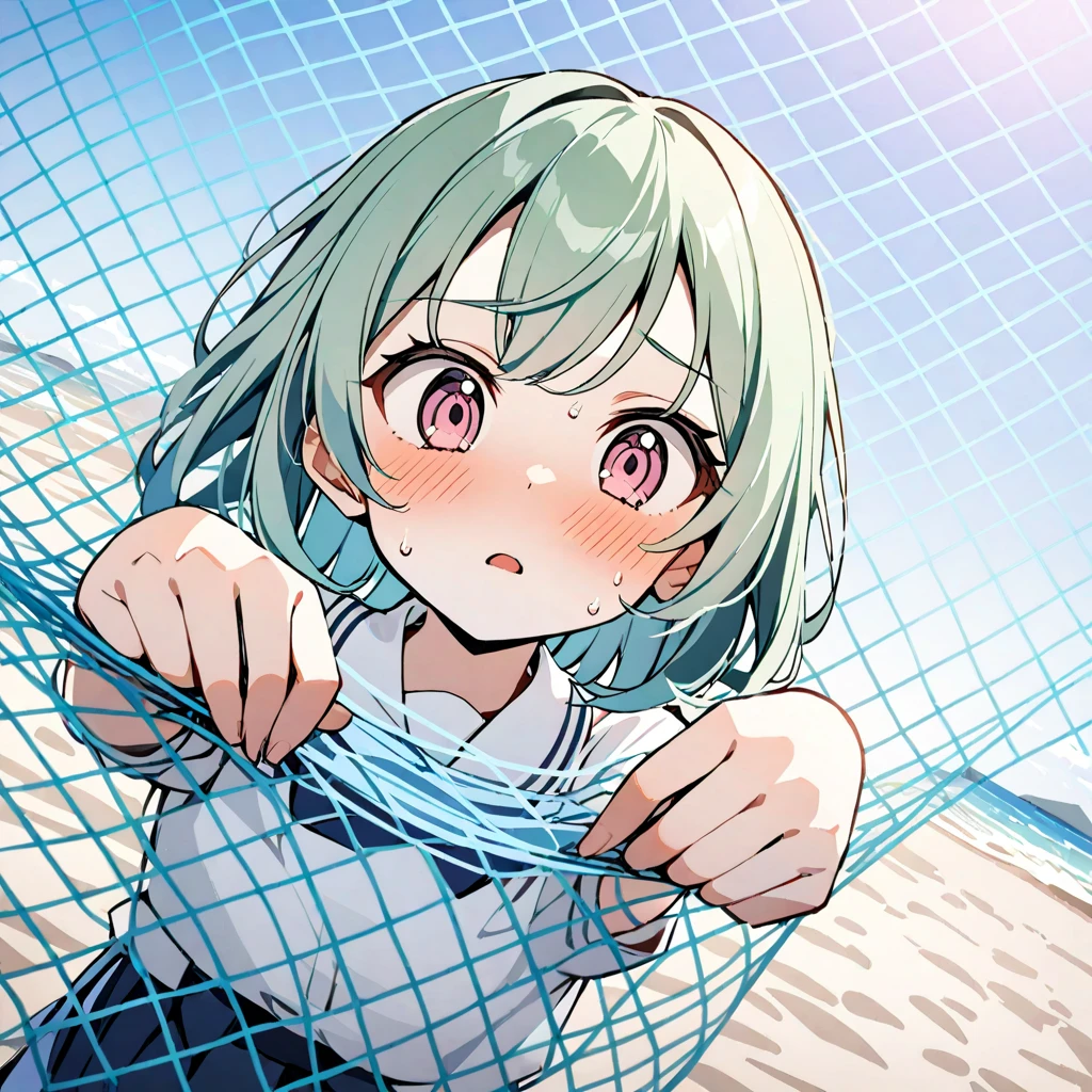 1girl, go under the red net, standing, from below, in all fours, beach, blue hair, pink eyes, green hair, brown eyes, school uniform, white shirt, blue skirt <lora:lcm-animagine-3:1> <lora:Concept_GUTN_v1r3-1604-noreg-noise803-1024-SDXL-000004:1.3>