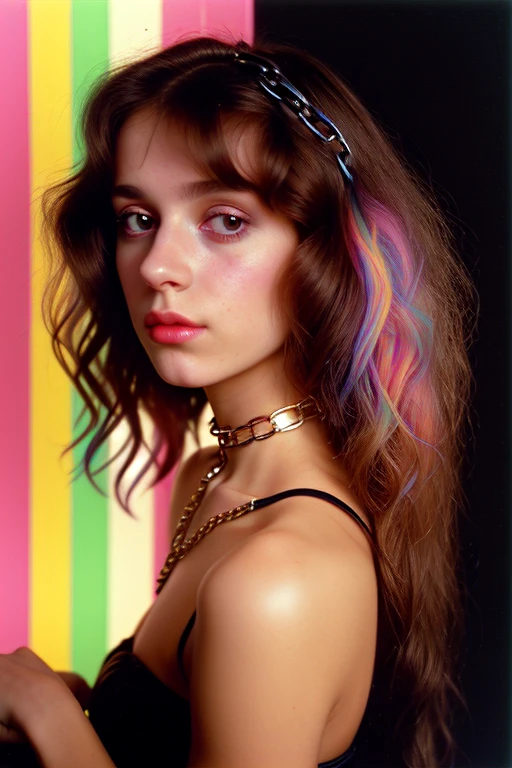 slave,collar,chain,,1girl,25yo coed,brunette hair is frizzy,film grain, noise offset,chromatic_abberation,stereoscoptic,refractive,rainbow gradient bokeh,