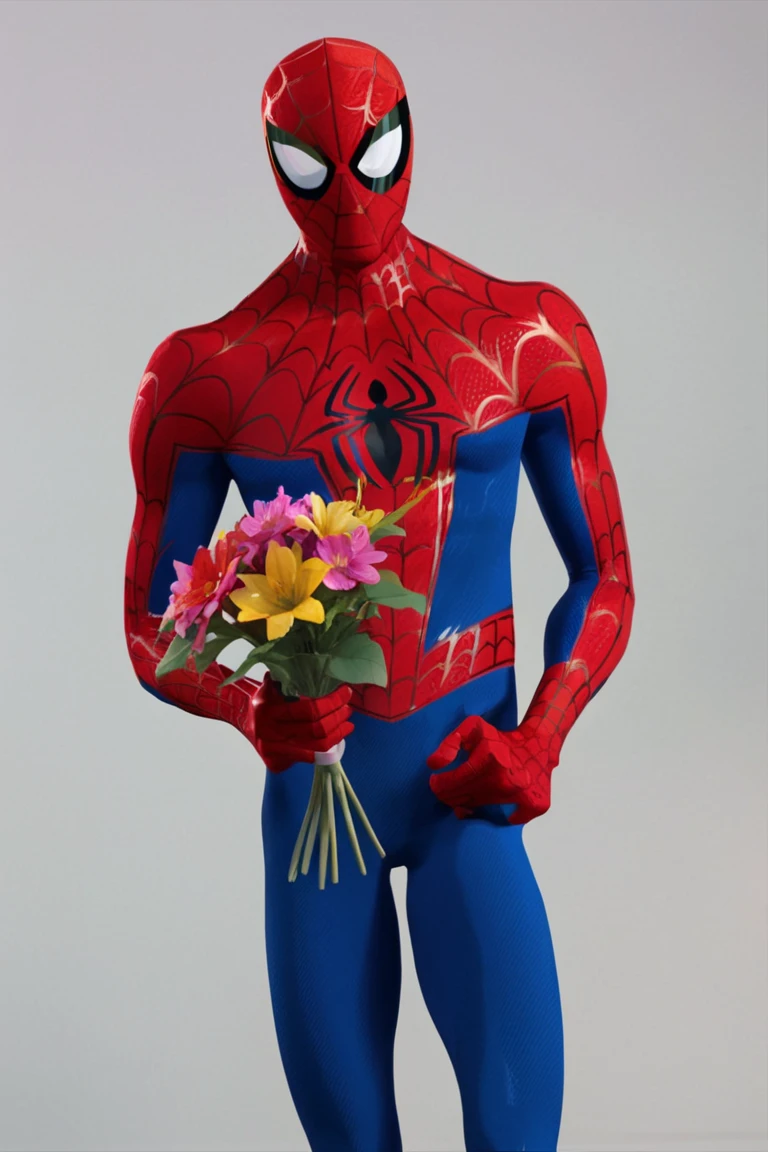 spidey, 1boy, solo, male focus, mask, superhero, spider web print, red bodysuit, blue bodysuit, multicolored clothes, looking at viewer, upper body, holding flower, holding bouquet, standing, simple background <lora:Spider-Man (Peter B. Parker) v1.0 SDXL_LoRA_SDXL:0.85>