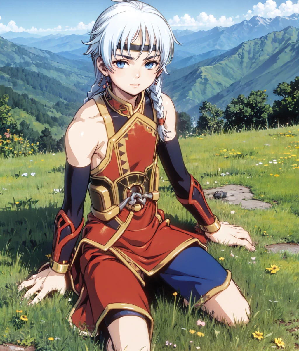 masterpiece, anime screencap, 1 boy, solo, white hair, blue eyes, braid, red black outfit, bare shoulders, bare arms, wristbands, full body, outdoors, chinese mountain, cowboy shot <lora:Freyjadour:1>