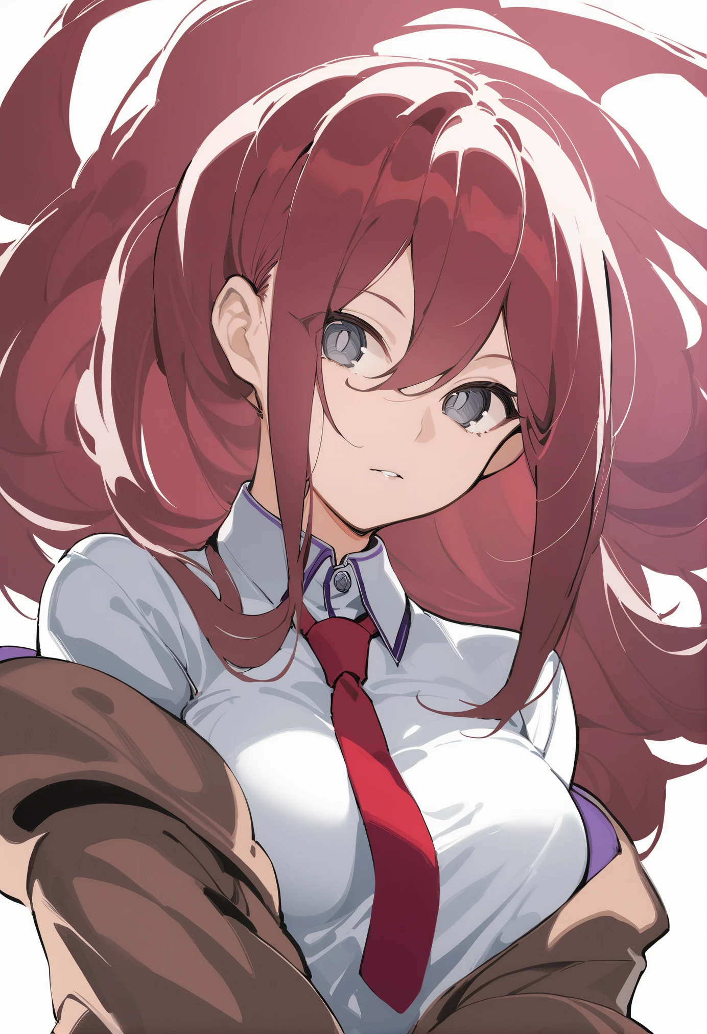 masterpiece, best quality, <lora:DPOXL:1> <lora:sola7764XL_V1:1>
1girl, solo, necktie, long hair, makise kurisu, simple background, shirt, white background, red hair, upper body, white shirt, red necktie, long sleeves, jacket, parted lips, bangs, collared shirt, off shoulder, hair between eyes, grey eyes, v, looking at viewer, brown jacket, blue eyes, hand up