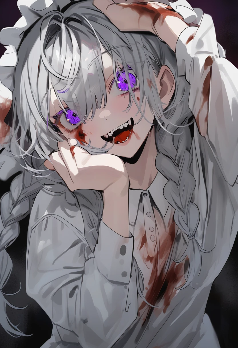 masterpiece, best quality,
//////////////1girl, solo, sharp teeth, teeth, braid, twin braids, open mouth, grey hair, looking at viewer, purple eyes, long hair, horror \(theme\), blood, long sleeves, upper body, shirt, smile
//////// <lora:ziyun-000109:1>
