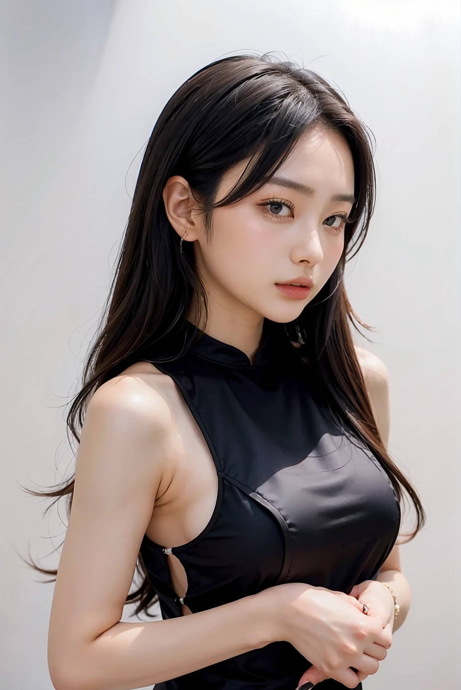 1girl, black formal dress, white background, <lora:raelilblackV1-02:1>