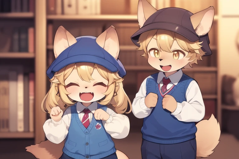 <lora:Mei_Marzipan:0.8>MeiMarzipan, 1boy, hat, tail, 1girl, smile, closed eyes, sweater vest, necktie, full body, furry male, open mouth, dog boy, school uniform, kindergarten uniform, pants, wolf ears, wolf boy, looking at viewer, blue necktie, wolf tail, school hat, room,
masterpiece, high quality, very_high_resolution, large_filesize, full color,