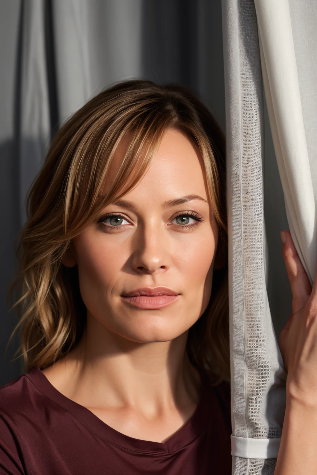 BMAIW, portrait photo of a woman, behind transparent curtains <lora:BMAIW_sd15_scaled_128:0.75>