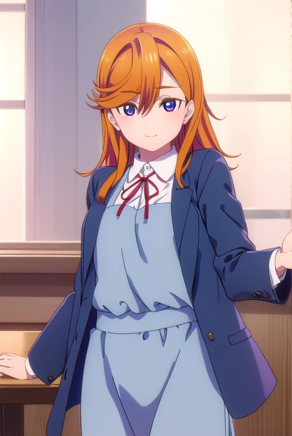 kanonshibuya, <lora:kanon shibuya s2-lora-nochekaiser:1>,
kanon shibuya, long hair, bangs, (purple eyes:1.1), orange hair, hair between eyes, smile,
BREAK shirt, dress, ribbon, school uniform, jacket, white shirt, open clothes, collared shirt, open jacket, red ribbon, neck ribbon, blue jacket, pinafore dress, grey dress, yuigaoka school uniform,
BREAK indoors, classroom,
BREAK looking at viewer, (cowboy shot:1.5),
BREAK <lyco:GoodHands-beta2:1>, (masterpiece:1.2), best quality, high resolution, unity 8k wallpaper, (illustration:0.8), (beautiful detailed eyes:1.6), extremely detailed face, perfect lighting, extremely detailed CG, (perfect hands, perfect anatomy),