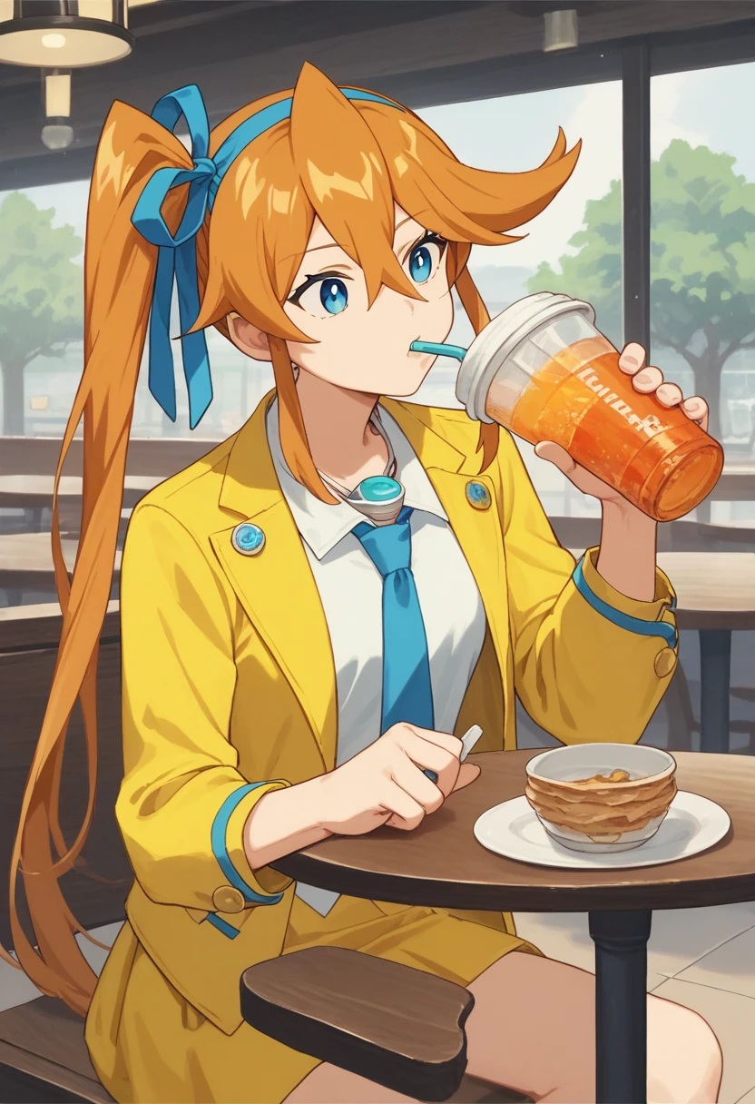 score_9, score_8, score_7, source_anime,
anime, official art,
rating_general,
<lora:athena-ponyxl-000008:1> aacykes, hair ribbon, side ponytail,
necktie, yellow jacket, yellow skirt,
1girl, cafe, orange juice, drinking, blissful