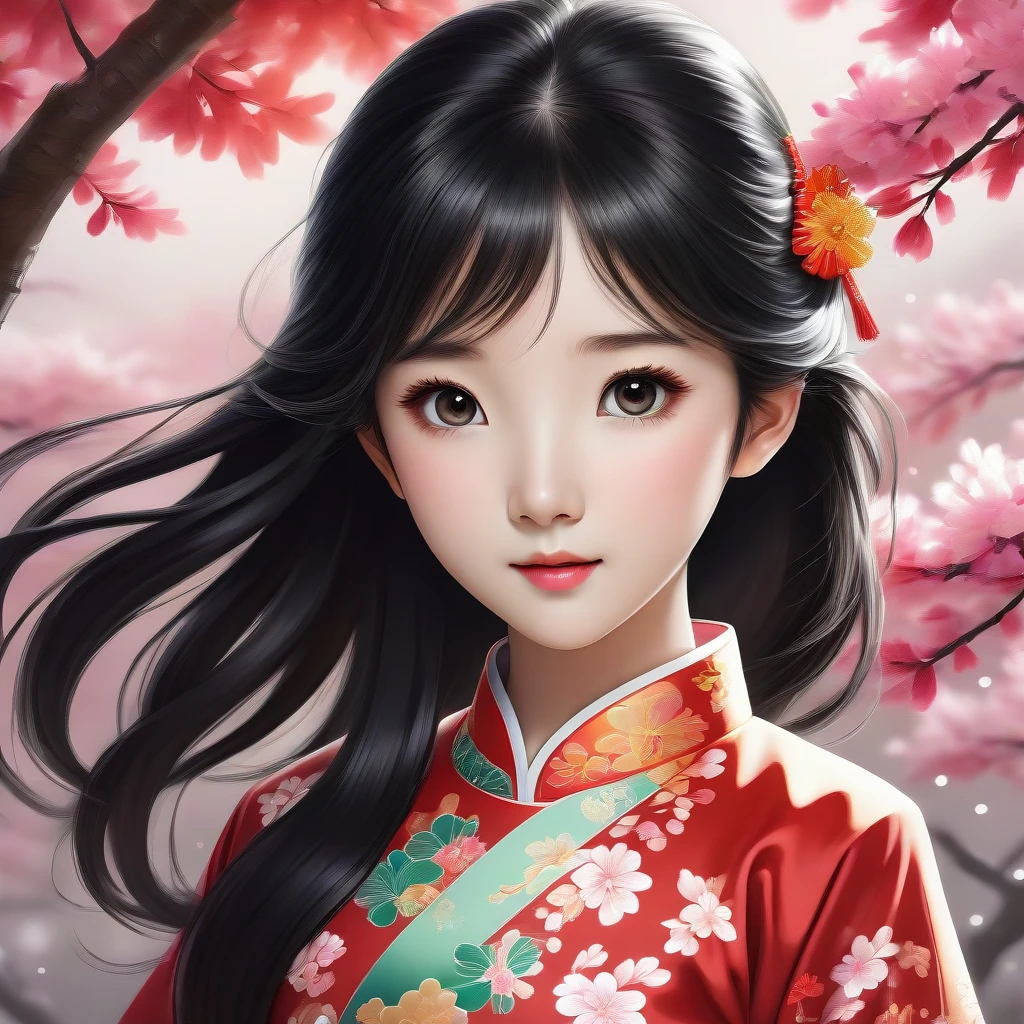 (((child,little girl ,little girl face,cute,yong))), upper body,((((black hair)))), (solo:1.5), ((extremely?detailed)), ((detailed face)), illustration, Chinese ink painting, (((masterpiece))), (((best quality))), (((Watercolor))), ((Chinese Brush Painting)), (((extremely delicate and beautiful)))), ultra-detailed, (((beautiful detailed eyes))),(((qipao))), (cheongsam), (Chinese style),((red ink)), smile, long hair,? beautiful?detailed?eyes, beautiful?detailed?hair,((( flying petals))), ((((floating hair)))) ,(((flowing))),clear face,
