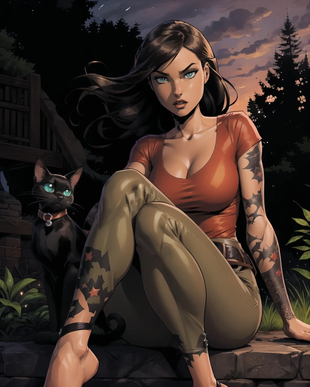 1girl, solo, detailed, masterpiece,HDR, detailed sharp, best quality, 
comic style, lineart, 
star tattoo, 
black cat, cat,animal,
large breasts,
sitting,barefoot,glowing,
Sudana,arm tattoo, belt,  black hair, long hair, makeup, parted bangs, red shirt, green eyes, brown pants, torn clothes, 
 <lora:Sudana_v01-000002:0.80>