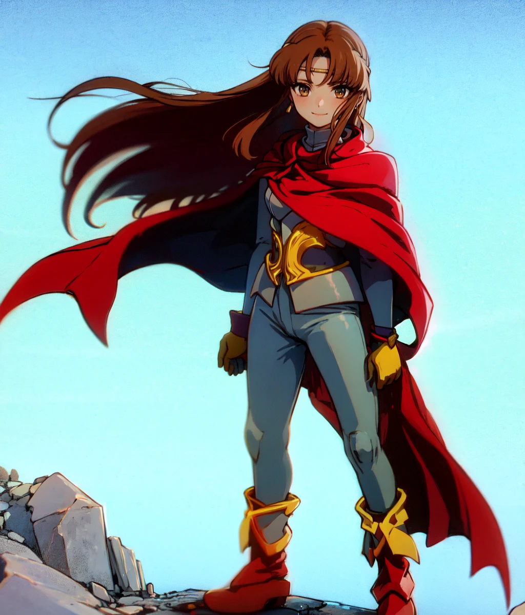 masterpiece, anime screencap, 1 girl, solo, brown hair, long hair, smile, circlet, pants, cape, armor, hand on hair, hair on wind, full body, outdoors, cliff <lora:Odessa:1>