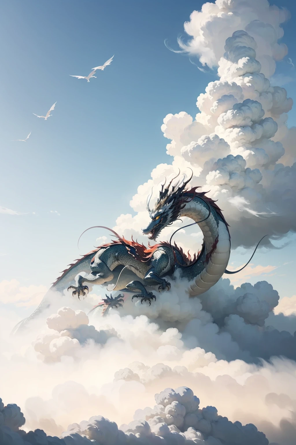 loong,cloudy sky,claws,eastern dragon,long tail,whiskers,chinese new year,cloud,no humans,gunzan,sky,cloud horizon,sun,outdoors,QINGLONG,SOLO,(Science fiction),((Soaring in the clouds and riding in the fog)),(((The dragon body disappears and appears in the clouds))),(full body:1.3),(ink wash painting:1.2),east asian architecture,<lora:0221 loong_v2:1>,ruanyi0221,(((floating in the clouds))),(from below:1.2),, best quality,masterpiece,highres,official art,extremely detailed cg unity 8k wallpaper
