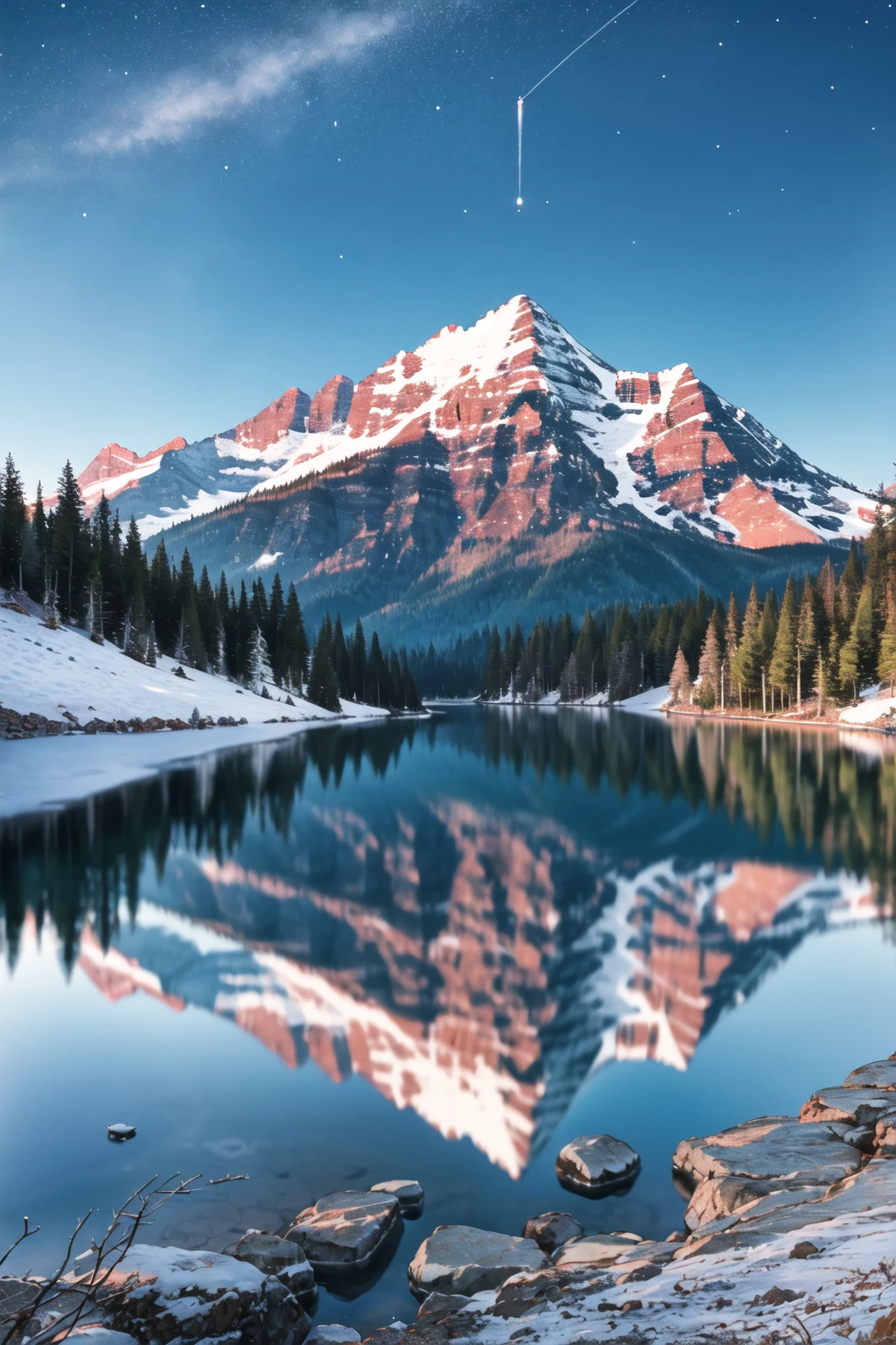 mountain, lake, no humans, night, star \(sky\), <lora:mountain-10:0.6>