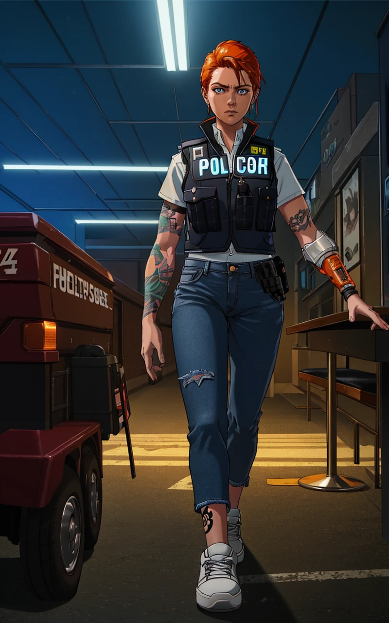 hannswd2024, best quality, dramatic lighting, 1girl, raw image, 5 fingers, diner, walking. prosthetic orange arm, jeans, sneakers, police vest, tattoo,