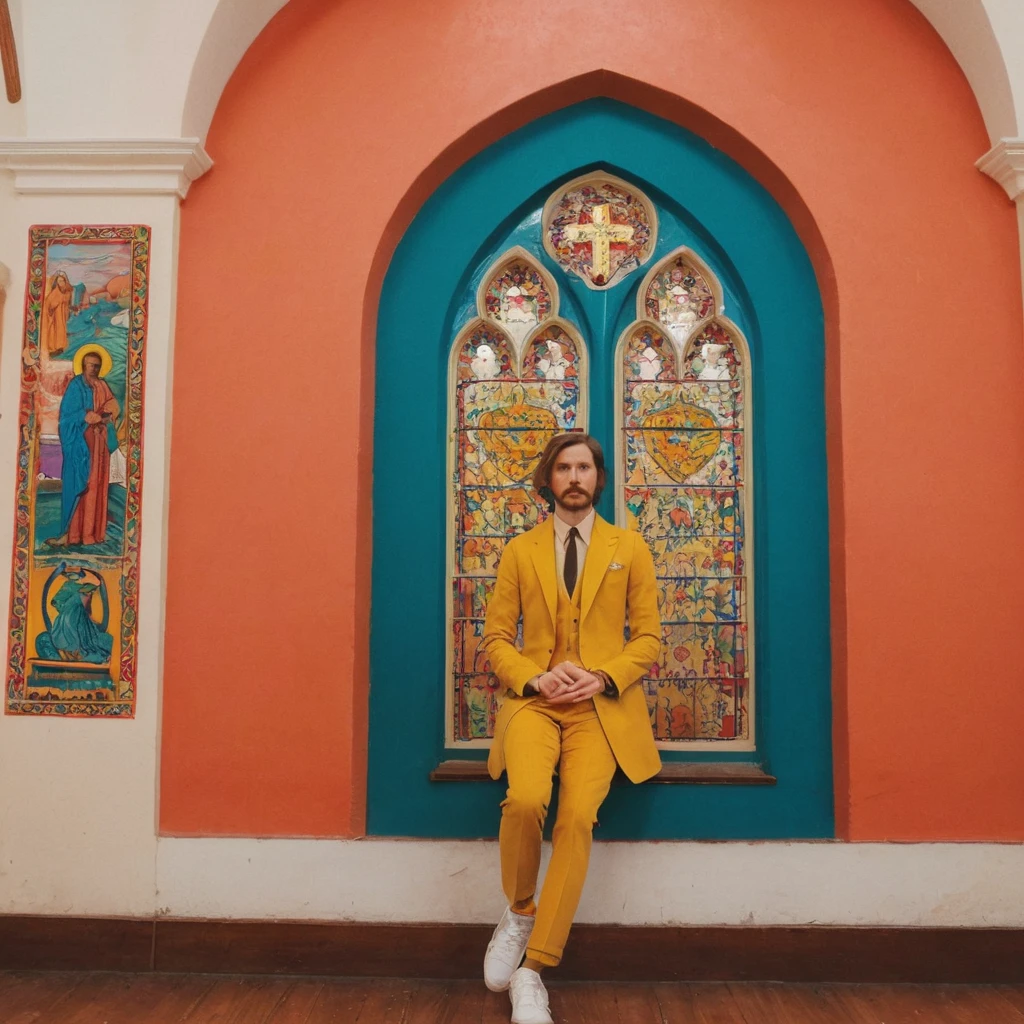 w3s and3rson movie style,rock star,full body,candid shot,at a colorful church in colour palette by w3s and3rson,vivid colours