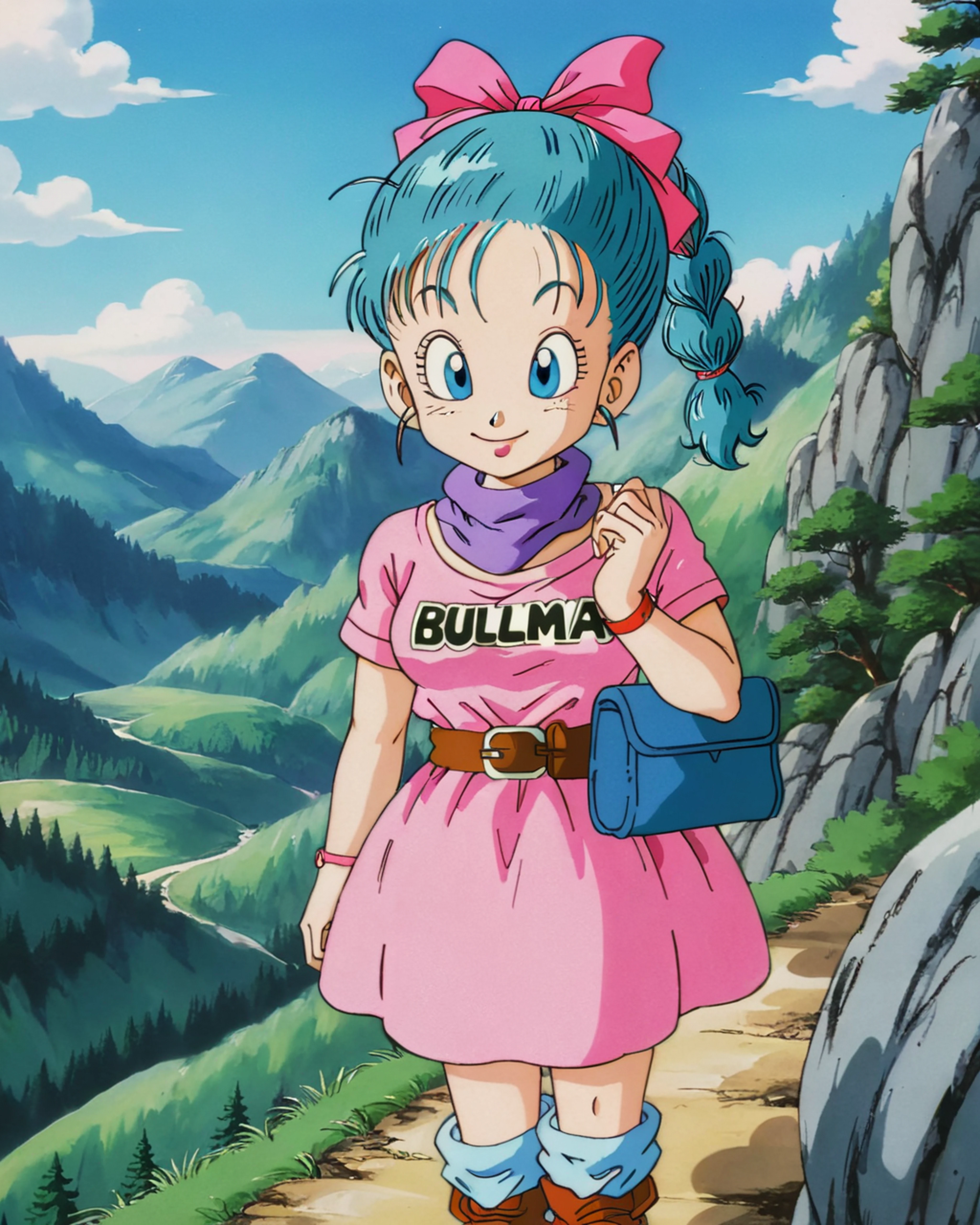 <lora:add-detail-xl:1> <lora:db1_bulma_XL:0.85> db1_bulma, pink dress, blue hair, blue pouch, smiling, Traveling trough the mountains