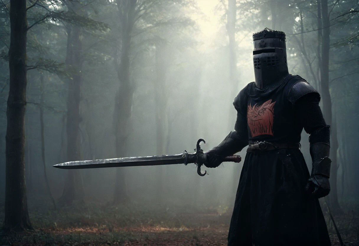 Fight stance, n-eeyblch, Dark neon-pastel Photo of creepy Vintage black Knight, Wielding sword, massive plain weathered silber sword, very detailed, atmospheric haze, Film grain, cinematic film still, shallow depth of field, highly detailed, high budget, cinemascope, moody, epic, OverallDetail, gorgeous, 2000s vintage RAW photo, photorealistic, candid camera, color graded cinematic, eye catchlights, atmospheric lighting, skin pores, imperfections, natural, shallow dof