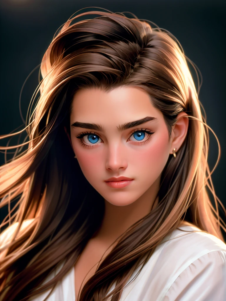 A beautiful br00k3s woman, 1girl,solo,long hair,looking at viewer,bangs,blue eyes,brown hair,closed mouth,lips,traditional media,portrait,realistic,nose,soft lighting, professional Photography, Photorealistic, detailed, RAW, analog, sharp focus, 8k, HD, high quality, masterpiece<lora:br00k3s:1.0>