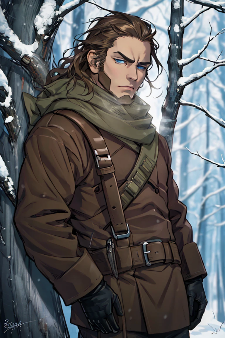 (1 image only),  solo male,  Vasily Pavlichenko,  Golden Kamuy,  Russian,  sniper,  brown hair,  blue eyes,  sharp eyes,  defined eyelashes,  furrowed brow,  wavy medium-length hair,  bold sideburns,  short and neat Shenandoah beard,  lightly-colored coat,  dark gloves,  scarf,  pants,  boots,  crossbody bag,  handsome,  charming,  alluring,  standing,  upper body in frame,  perfect anatomy,  perfect proportions,  2d,  anime,  (best quality,  masterpiece),  (perfect eyes,  perfect eye pupil),  high_resolution,  dutch angle,  snowy forest,  better_hands,<lora:EMS-291741-EMS:0.700000>,<lora:EMS-498-EMS:0.200000>