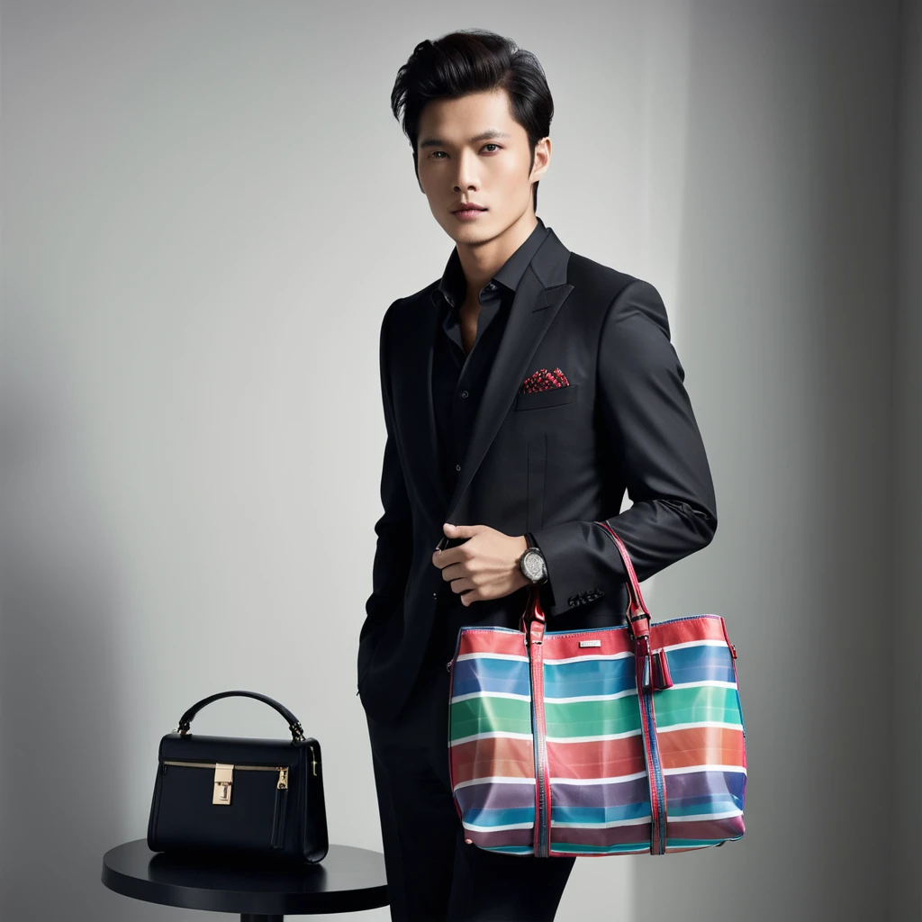 Capture a realistic and high-fashion magazine style photograph, showcasing a handbag with an Asian male model. The model should exude elegance and confidence, dressed in modern, upscale attire, complementing the featured accessory. The handbag is to be the focal point, held naturally yet prominently by the model. Ensure the lighting accentuates the bag's materials and the model's refined features, with a clean, sophisticated backdrop that enhances the luxury appeal of the product, <lora:twlv:0.8>,multicolored