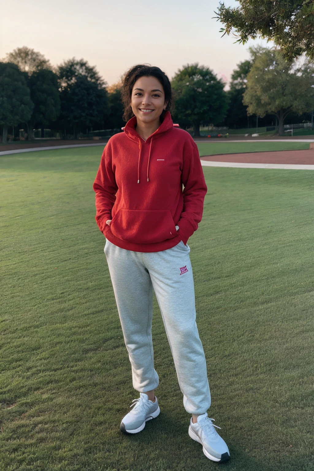 a woman wearing fleece pullover and track pants, park, (rim lighting:0.5) <lora:fic-christina:0.8>