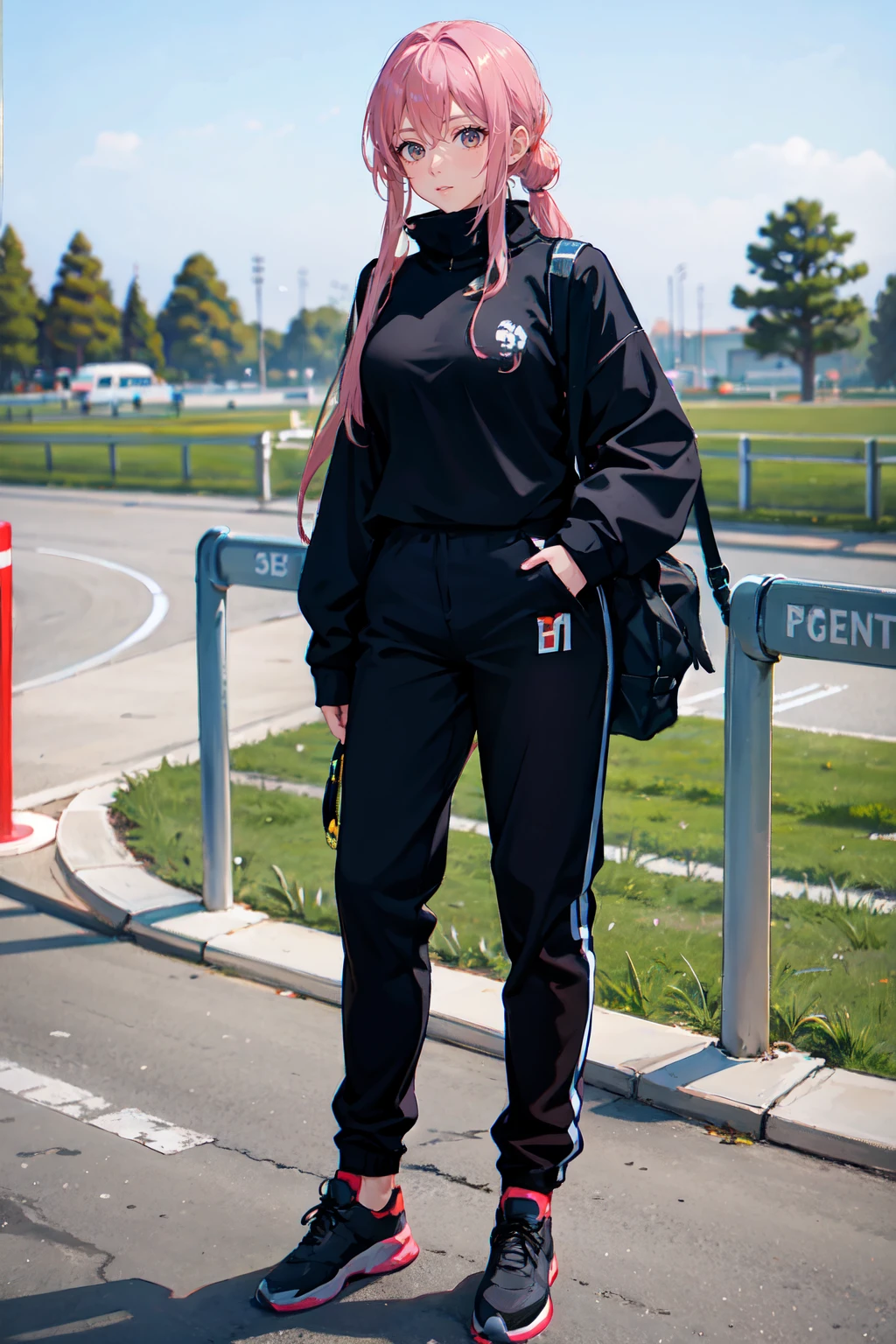 a woman wearing fleece pullover and track pants, park, (rim lighting:0.5) <lora:fic-christina:0.8>