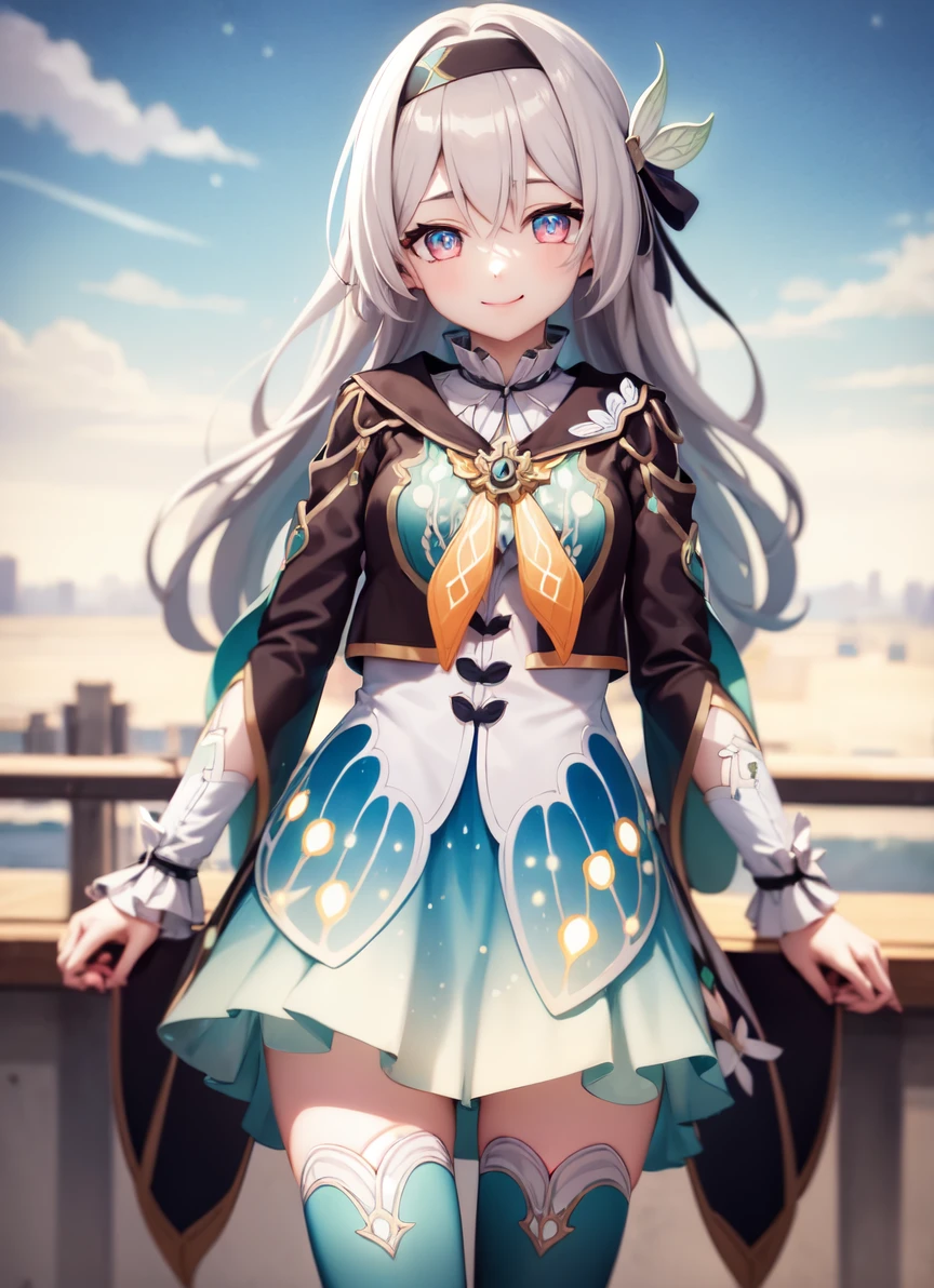 <lora:firefly:1> outdoors, sky,
firefly \(honkai: star rail\), 1girl, solo, dress, black hairband, long sleeves, long hair, purple eyes, capelet, looking at viewer, smile, hair between eyes, grey hair, thighhighs, green thighhighs, black thighhighs, closed mouth, multicolored eyes, white sleeves,