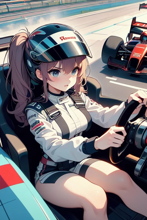 (((masterpiece))), (((best quality))), (((driving a formula racing))), ((fingers on steering wheel)), sitting on driver's seat, sharp eyes, ((helmet)), uniform, (((speed lines))), ((electricity)), ((spiral wind)), solo, 1girl, (big tits), twintails, sweat, slim figure, <lora:girllikeformularacing:1>