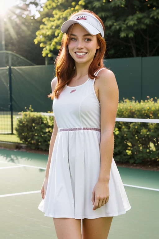 RAW photo of woman, (full body shot:1.1) portrait, (smile, happy, laughing, mouth open:1.2), sharp focus, best quality, extremely detailed. (tennis dress, sun visor:1.2). on a tennis court. (lens flare:1.01). full body view . BREAK hayl3y-001, auburn hair, olive green eyes. fcHeatPortraitat