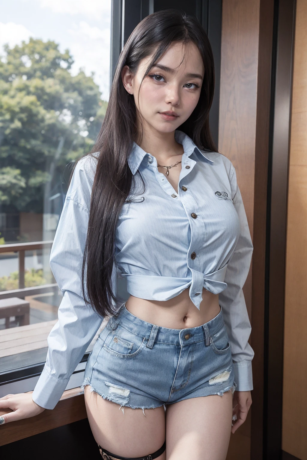a woman wearing button shirt and denim shorts, sunroom, (neon lighting:0.5) <lora:fic-ursula:1>