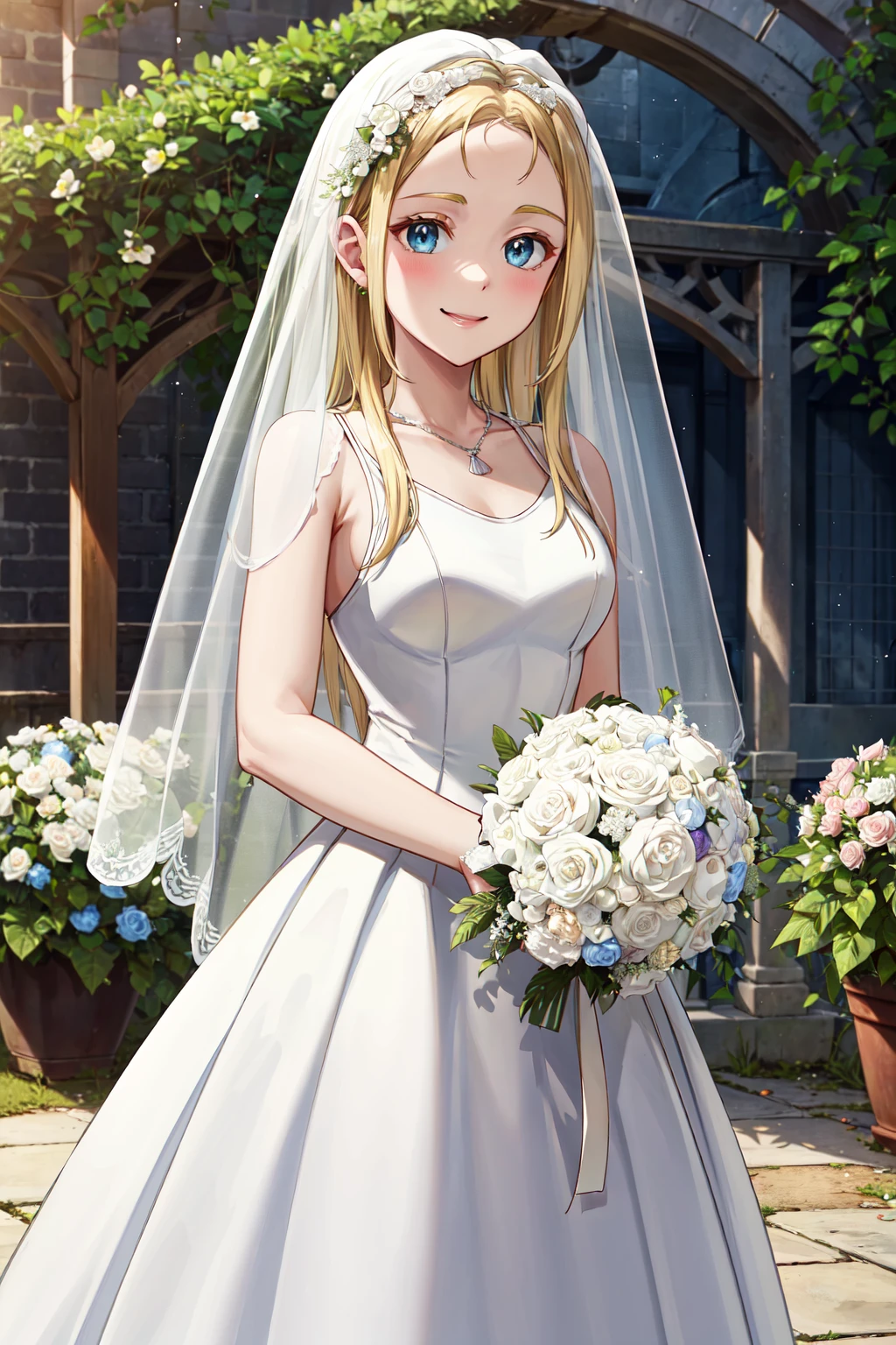 masterpiece,best quality,highres,ultra-detailed,bbminami,long hair,large breasts,ahoge,<lora:fuyuki_minami:0.8>,(wedding dress:1.2),white dress,(veil:1.2),garden,smile,outdoors,standing,cowboy shot,holding bouquet,