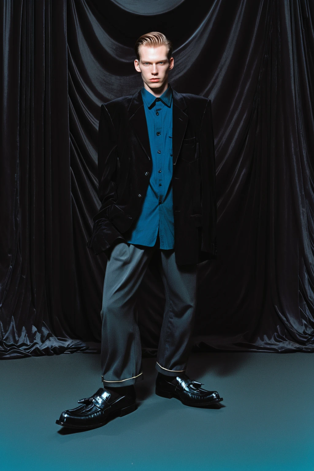 a fashion model young man,analog film grain texture,uncensored,surreal,photography aesthetic,natural light, Laurie Greasley,brand representation,spiteful,vulnerable posture,easy-going,Smelt,Alessandro Allori,Andrzej Sykut,flashy,Marco Mazzoni,Babirusa,Lifestone,artistic simplicity,lyrical,black loafers,Daan Roosegaarde<lora:balenciaga_2024_SS-000005:1>