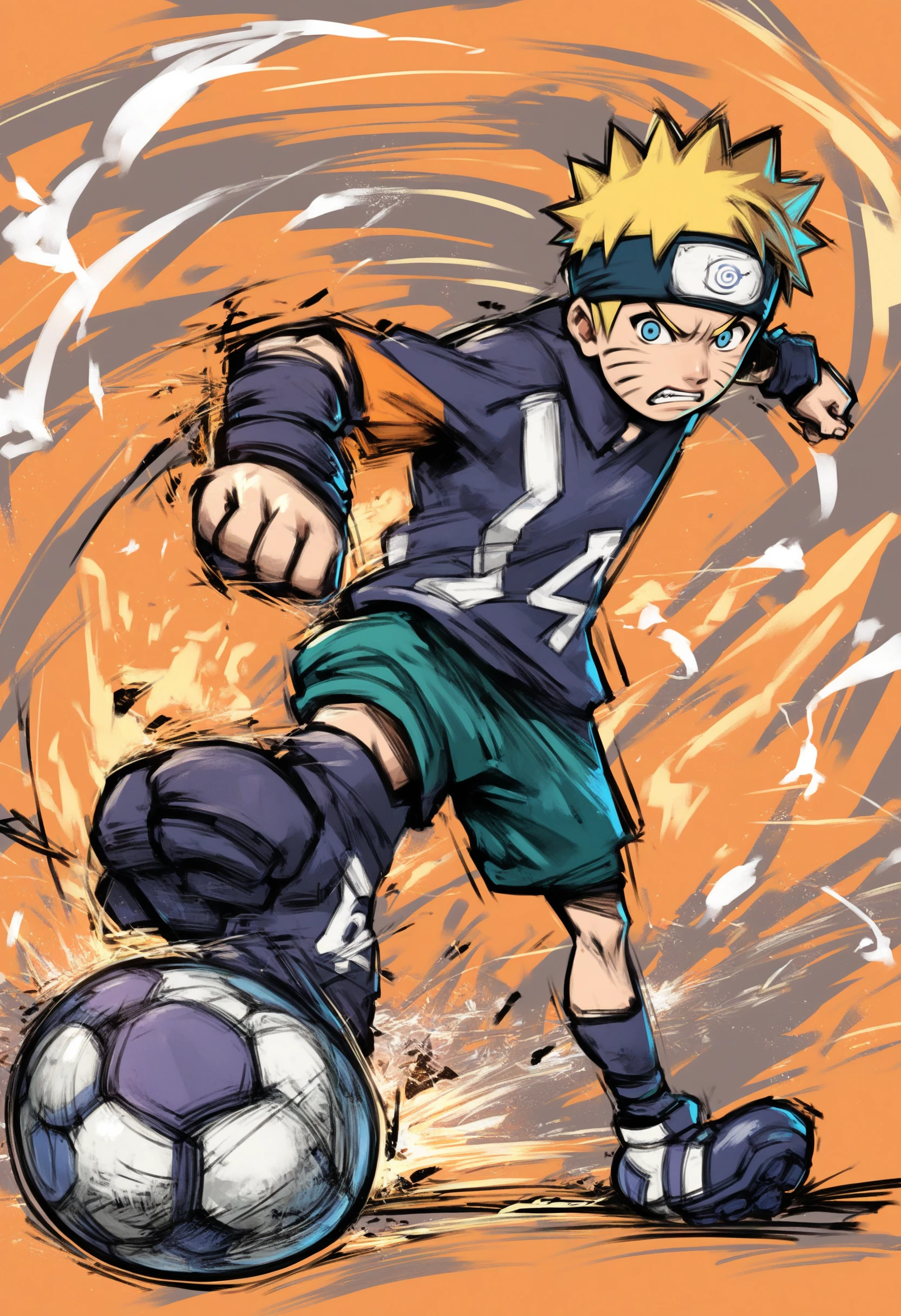 score_9, score_8_up, score_7_up, source_anime, 1boy, soccer ball, sportswear, soccer uniform, full body, angry, <lora:MarioStrikerXL:1>, uzumaki naruto, headband, kicking, solo, kicking football,