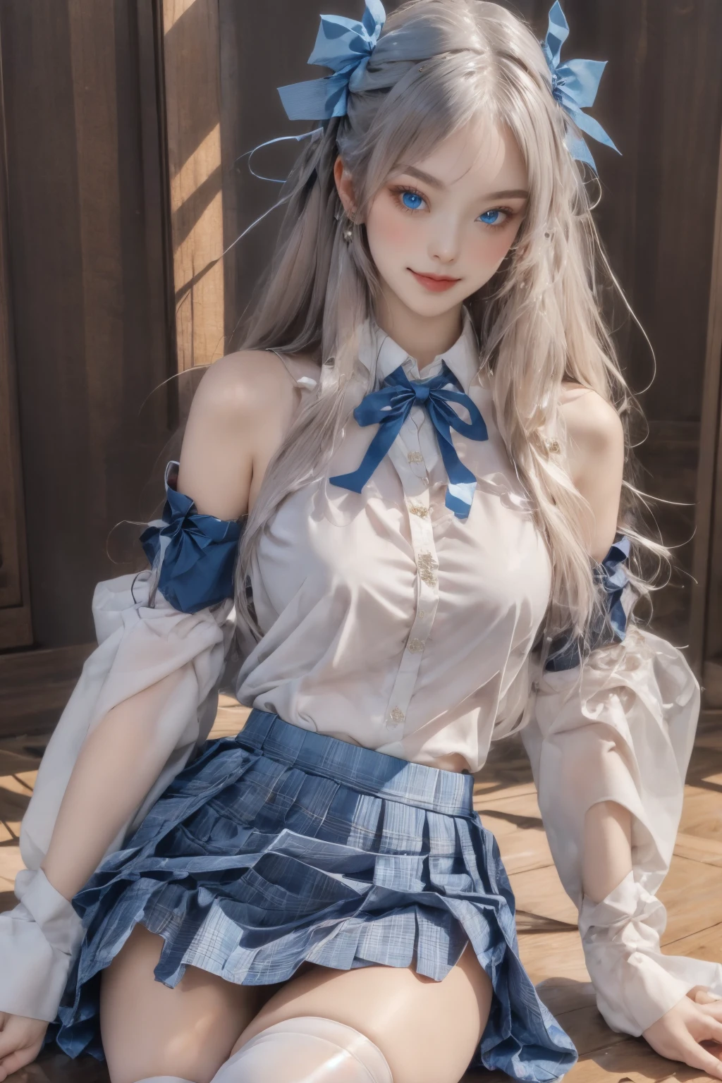 <lora:xishi-09:0.8>,masterpiece,best quality,super high resolution,best quality,4k,(Realistic:1.2),xishi,1girl,thighhighs,skirt,blue eyes,looking at viewer,long hair,white thighhighs,blue skirt,plaid skirt,detached collar,bare shoulders,bangs,ribbon,hair ribbon,detached sleeves,white shirt,shirt,frills,hair bow,smile,
