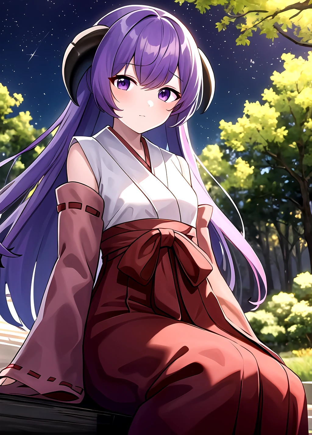 masterpiece, best quality,  stars background, outdoors, trees,  <lora:Hanyuu anylora13r30r37r-000006:0.7>, Hanyuu, 1girl, solo, purple eyes, horns, long hair, purple hair, looking at viewer,japanese clothes, miko, detached sleeves, hakama, hakama skirt, skirt, red hakama, ribbon-trimmed sleeves, close-up,