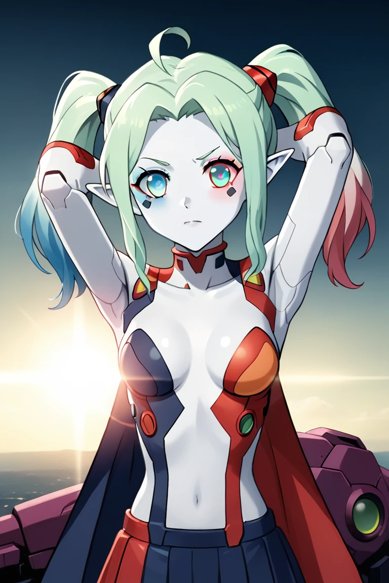 Harley Quinn,  of (Ultra detailed:1.3),  (digital art:1.3) of (Ultra detailed:1.3)(masterpiece), ,  close up portrait,  eyes shoot,  front of the camera,  looking at camera,  1girl,  rena lanford,  ahoge,  armor,  blue_eyes,  blue_hair,  boots,  cape,  full_body,  hair_ornament,  pleated_skirt,  pointy_ears,  short_hair,  woman:robot joints:0.6,  armpits:mecha:0.5,  evangelion:cyberpunk edgerunners:0.5,  lens flare:opal:06,  intricate detail,  cinematic lighting,  amazing quality,  amazing shading,  detailed Illustration,  official artwork,  wallpaper,  official art,  extremely detailed eyes and face,  beautiful detailed eyes,  ((masterpiece,  best quality)),  (from behind),  upper body,  (thigh gap),<lora:EMS-255619-EMS:0.800000>,<lora:EMS-289246-EMS:0.800000>,<lora:EMS-228233-EMS:0.900000>