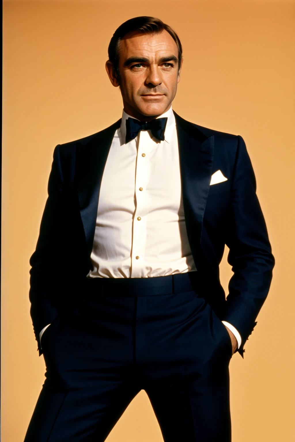 a realistic photograph of Sean Connery as James Bond, 1970s promo movie shot, DSLR Analog,