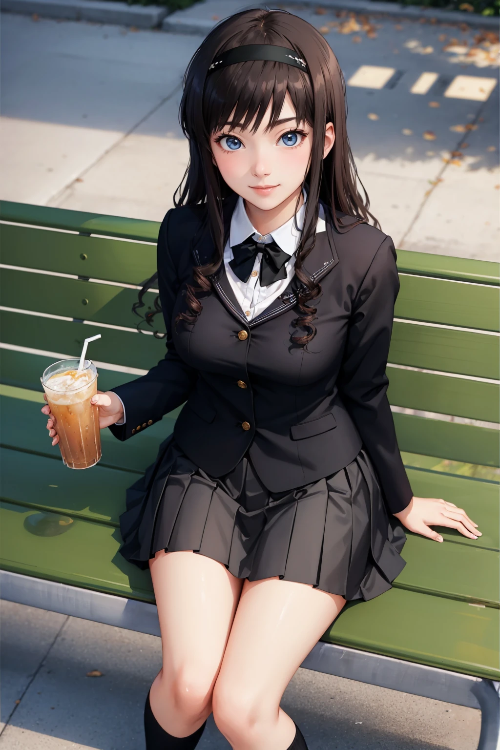 masterpiece, best quality, <lora:morishimaharuka-nvwls-v1-000009:0.9> morishima haruka, hairband, black blazer, black jacket, black bowtie, long sleeves, pleated skirt, large breasts, socks, loafers, sitting, park, bench, holding beverage, smile, looking at viewer, from above