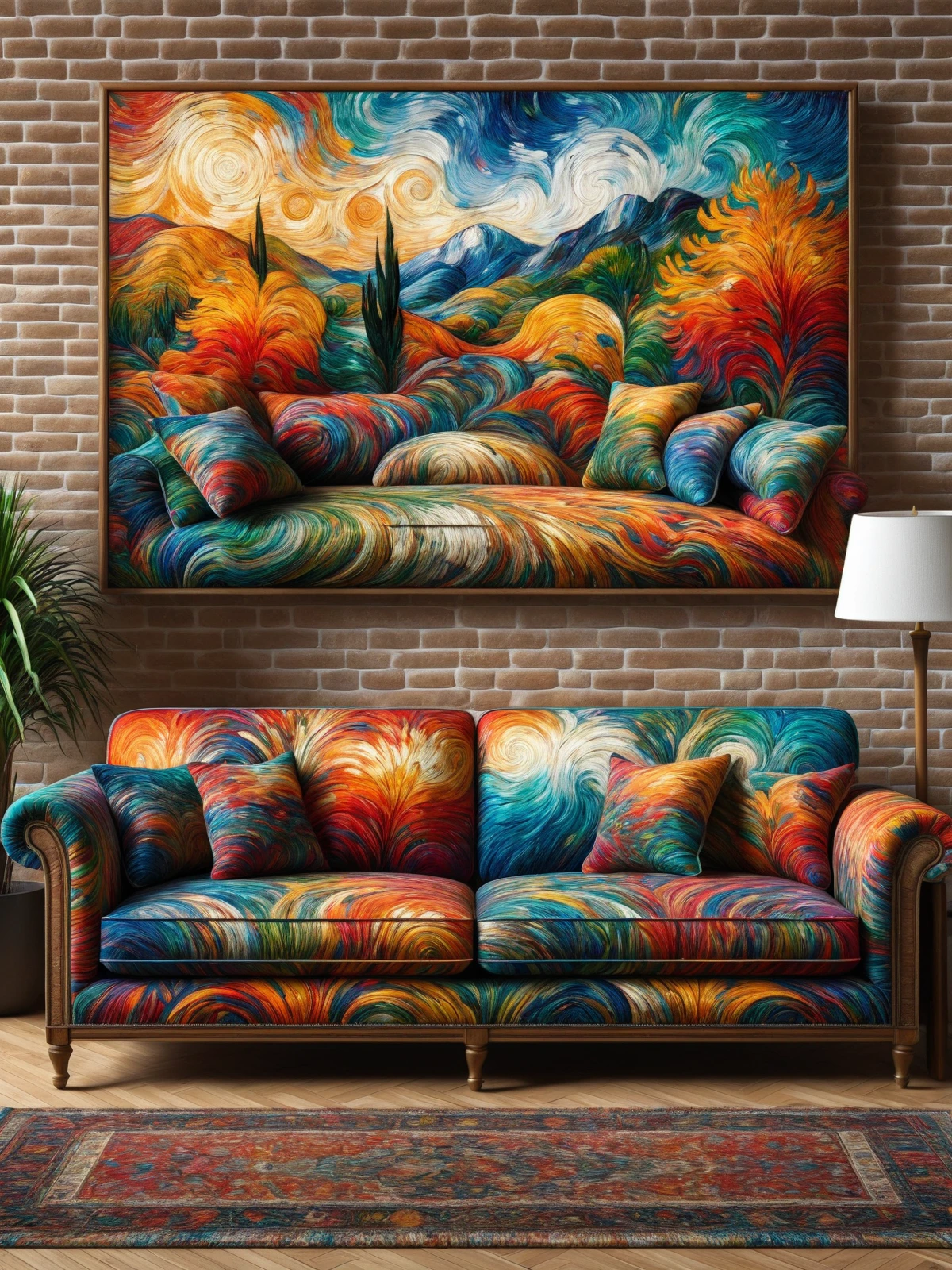 colorful mad-vangoghian sofa in living room, photo of a landscape on the wall<lora:Colorful_VanGoghian_SDXL:0.6>, (masterpiece:1.2), best quality, (hyperdetailed, highest detailed:1.2), high resolution textures