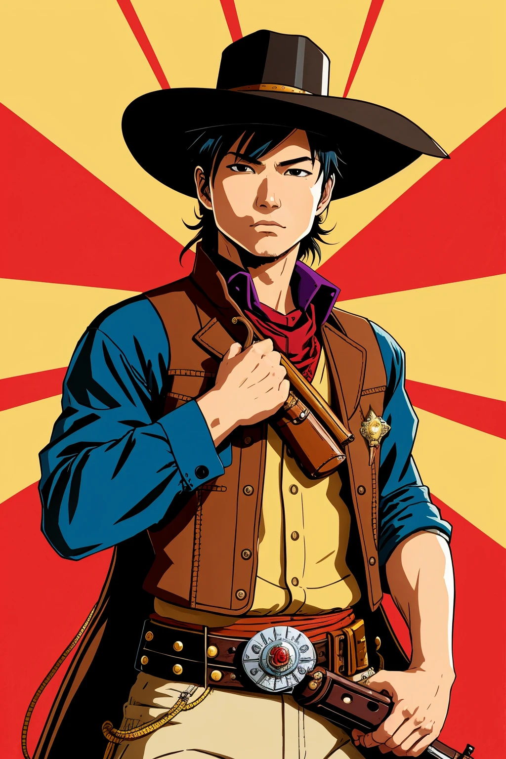 Wild west gunslinger, male, wild west sheriff , portrait, clear details, crisp quality, drawn in the style of tite kubo, anime, flat colour, cell shaded, studio ghibli, akira toriyama, james gilleard, genshin impact, trending pixiv fanbox, acrylic palette knife, 4k, vibrant colors