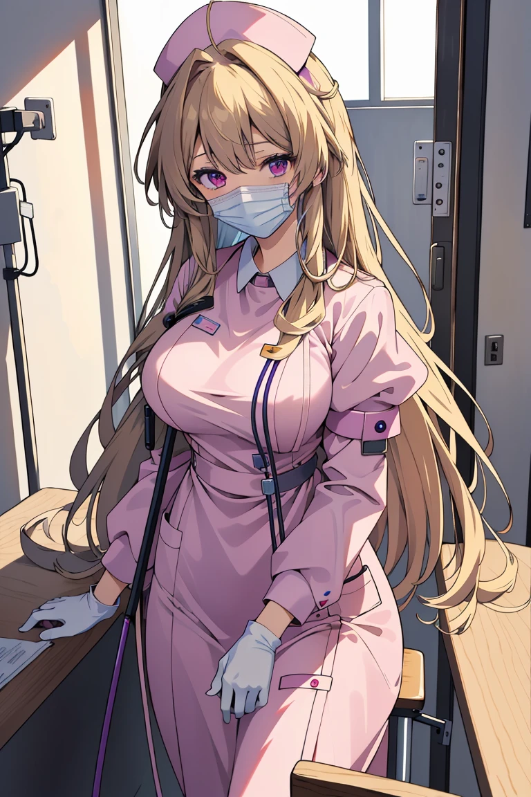 ((masterpiece, best quality,lower_body)), operating table,medical monitors,hospital bed,  <lora:Hitomi Naruse v1:0.8> (hitomi naruse, 1girl, very long hair, large breasts, blonde hair, purple eyes, hair ribbon, antenna hair), <lora:0- CL - Long nurse uniform (mg):0.7> (longnurset2, gloves, mask, nurse cap, nurse, surgical mask, long sleeves, stethoscope),